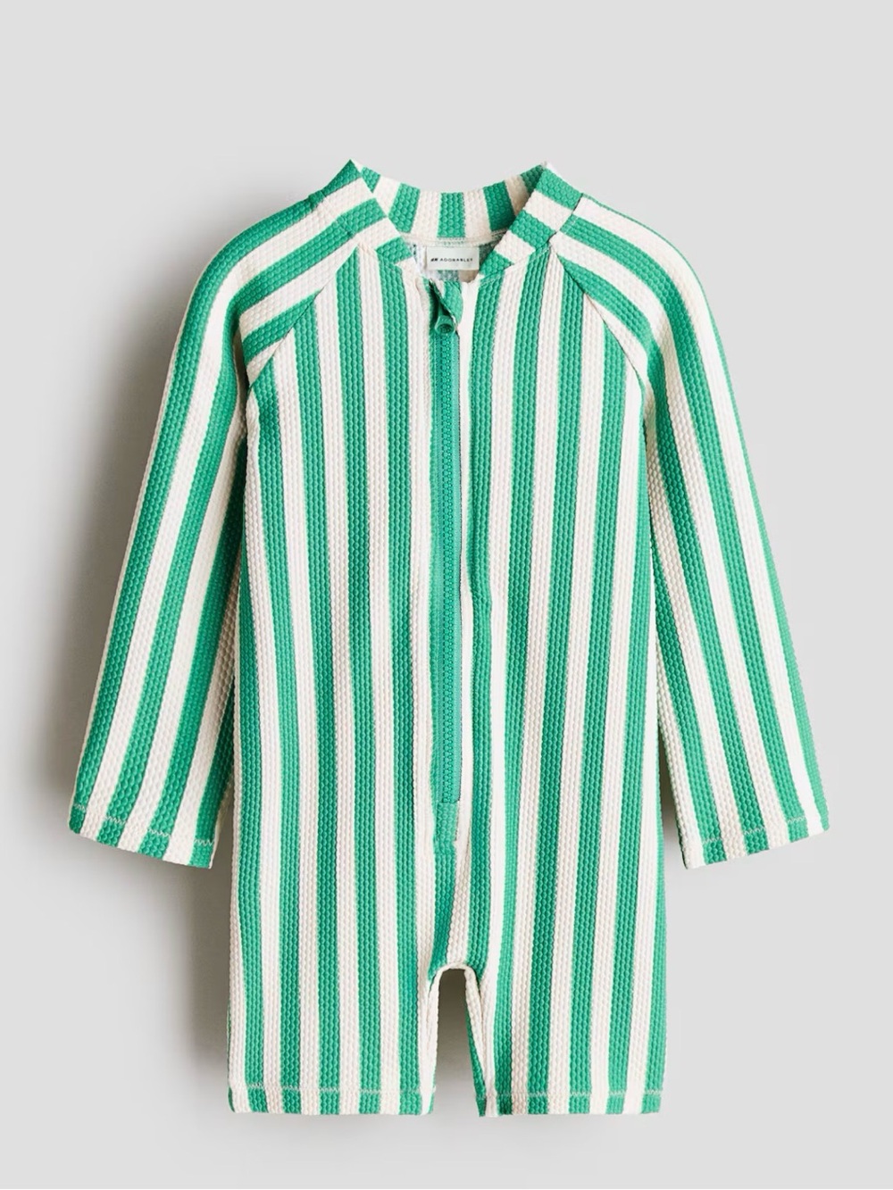H&M Green and White Striped Kids Zip-Front Swim Rash-guard 18M-2T